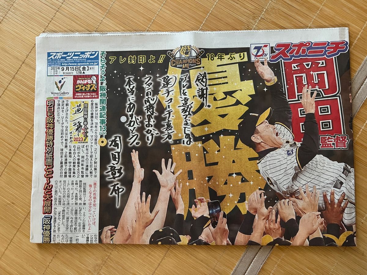 阪神タイガース優勝‼️ 9月15日　スポーツ新聞2紙　関西　優勝記念　岡田阪神