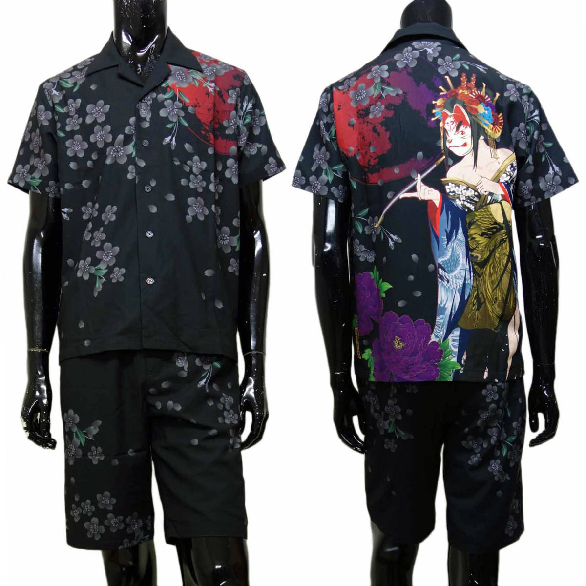 送料無料 絡繰魂 セットアップ 222801 L サイズ 黒 col22 和柄 狐面 桜
