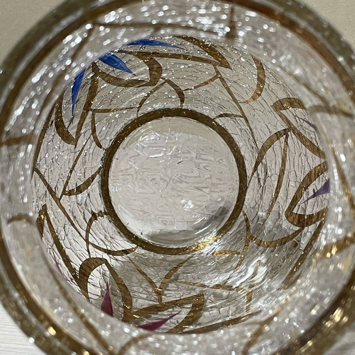 ボヘミアガラス チェコガラス 花瓶 クラックガラス ひび加工 フラワーベース 金彩 キラキラ 花模様 フラワーベース 花器 ヴィンテージ 希少の画像3