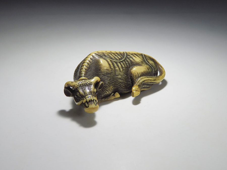 SHINNO 】提げ物Collector's item:牙彫牛根付銘:友忠Tomotada 京都