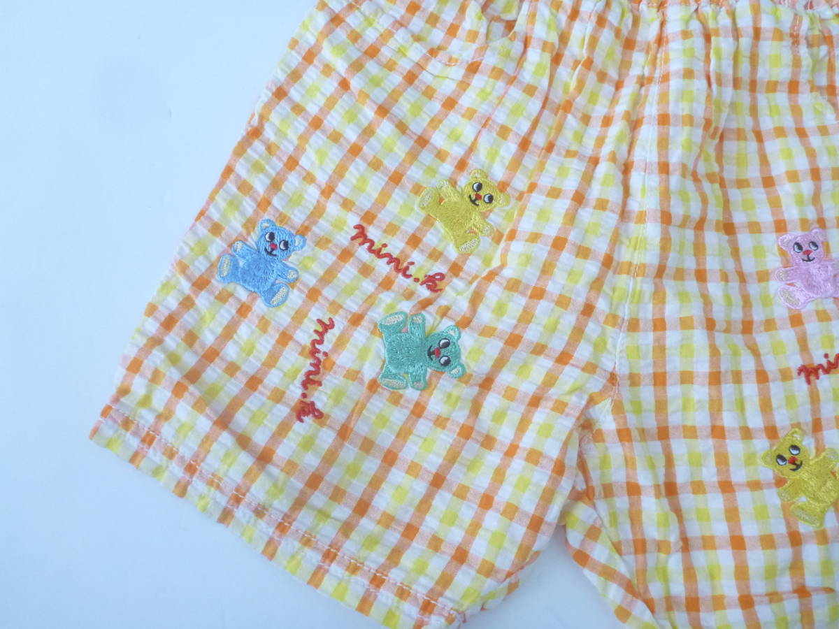 美品 MINI-K(ミニケー) BABY★オレンジ系チェック柄 くま刺繍 ショートパンツ 90の画像4