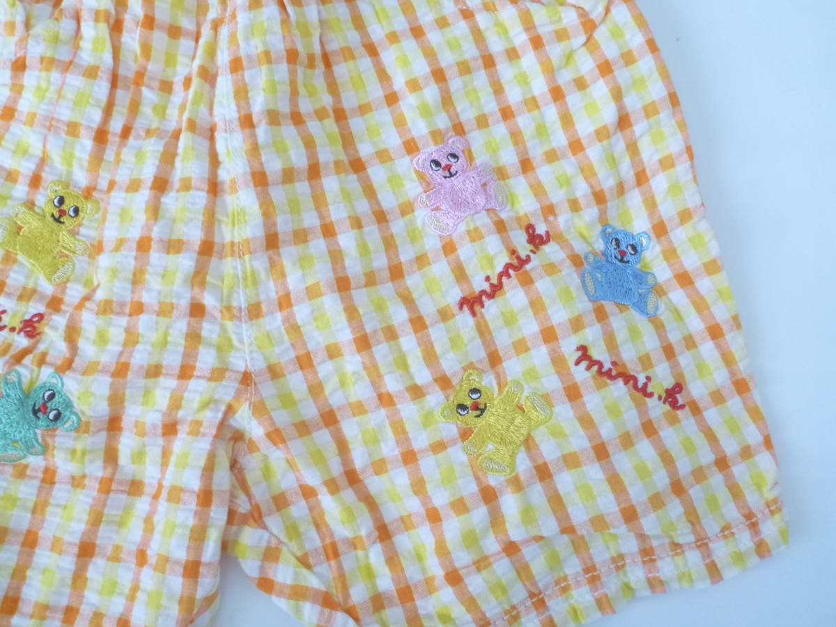 美品 MINI-K(ミニケー) BABY★オレンジ系チェック柄 くま刺繍 ショートパンツ 90の画像3