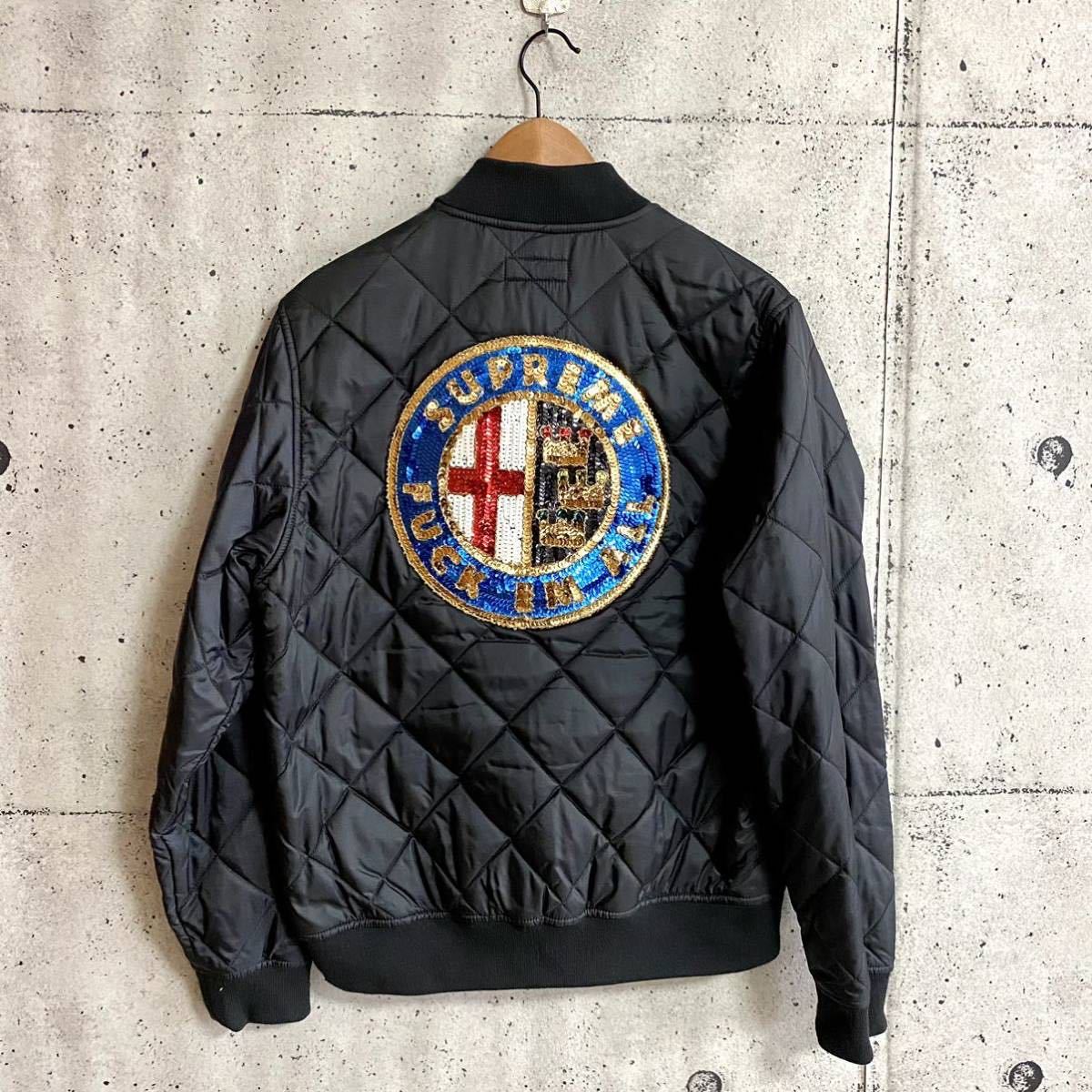 Supreme シュプリーム Sequin Patch Quilted Bomber Jacket ナイロン キルティング ボンバー ジャケット M 黒 ブラック アルファロメオ MA1_画像6