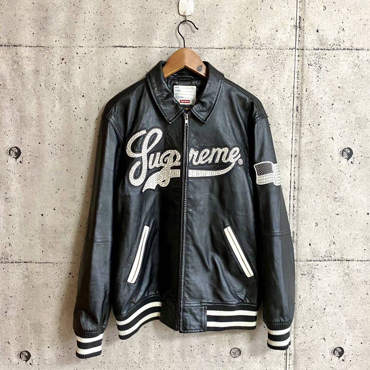 激レア☆Supreme シュプリーム Uptown Studded Leather Varsity Jacketレザー ジャケット M 黒 ブラック  スタジャン スタッズ ライダース