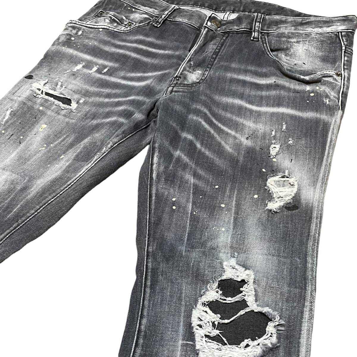 【美品】DSQUARED2 ディースクエアード【S74LB0810 TRASH BLACK WASH SUPER TWINKY JEAN】ダメージペンキ加工 ストレッチデニムパンツ