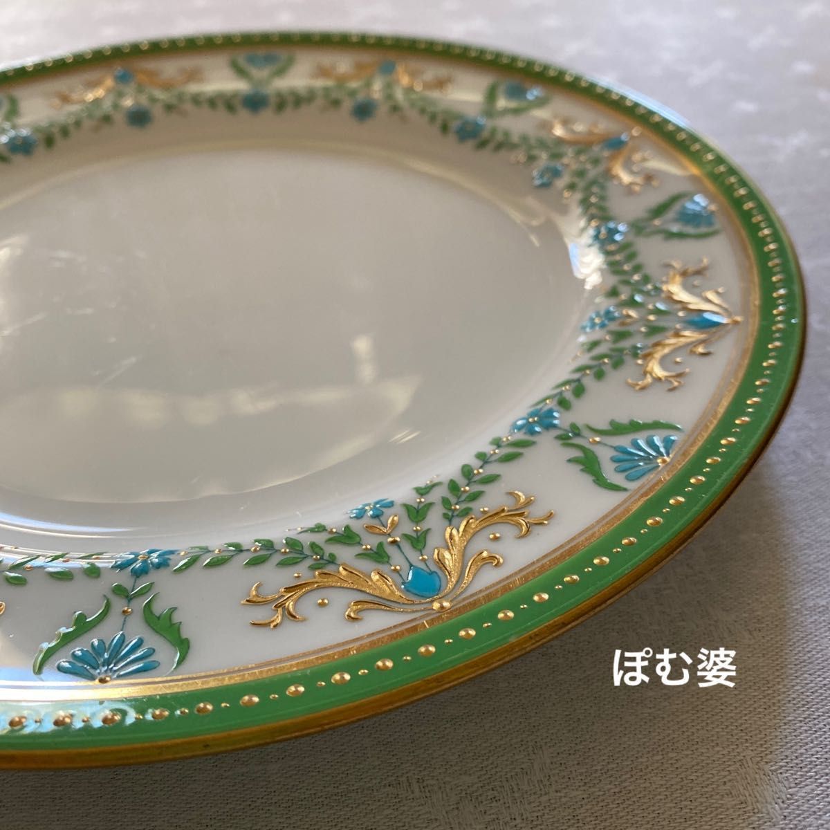 【古ミントン】金彩 金盛 エナメル 皿 プレート「青と緑のエナメルガーランド」