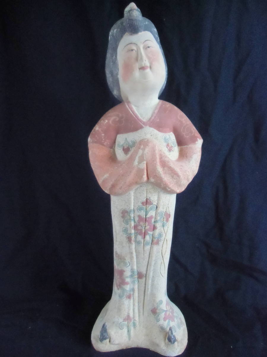 中国美術、 唐、加彩婦人俑、 三彩 土人形、 婦人俑、骨董品、中國古瓷器、高さ４３ｃｍ_画像1