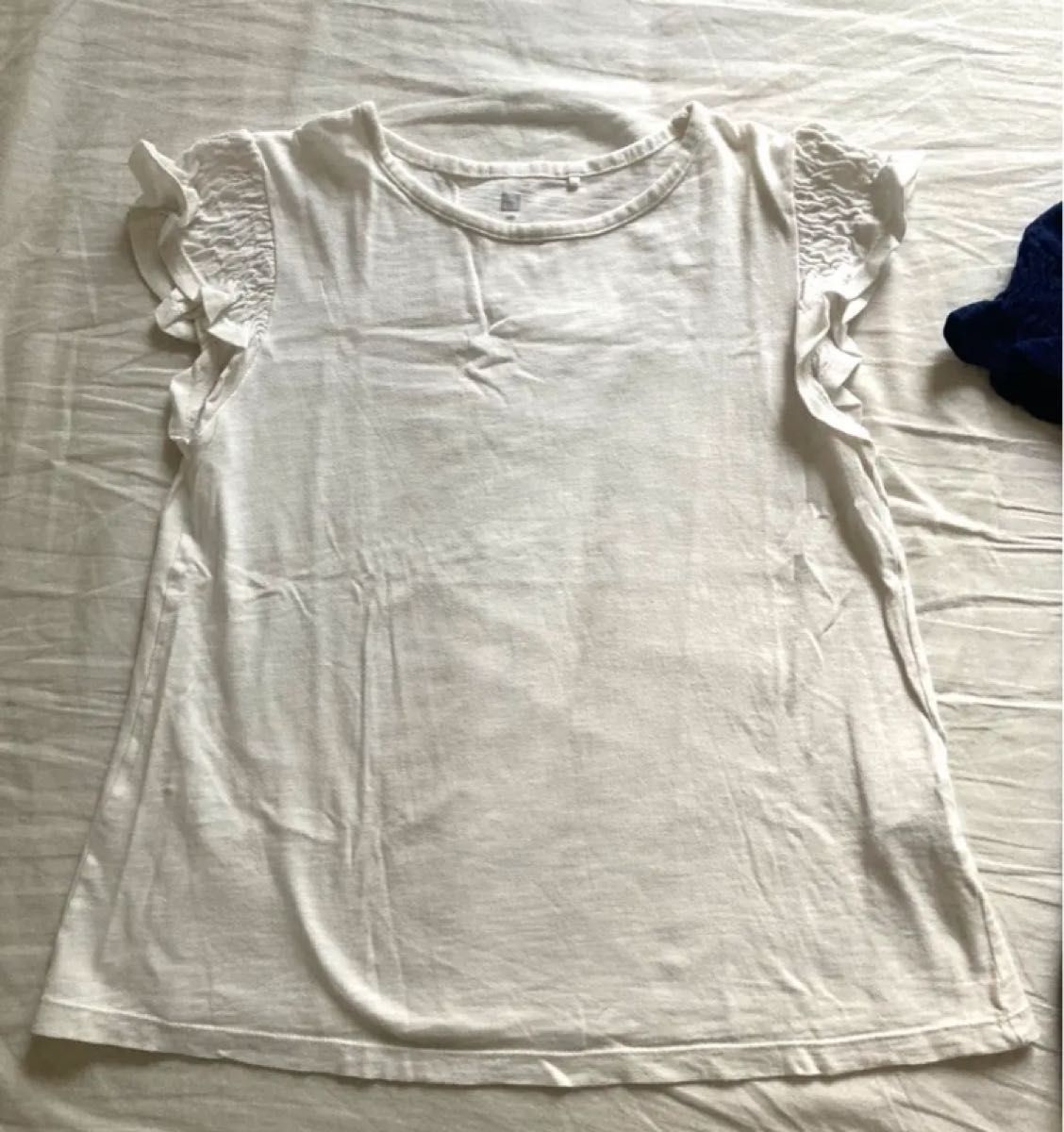 140 スラブギャザーTシャツ 半袖 フレンチスリーブ ネイビー ホワイト 半袖Tシャツ ユニクロ トップス