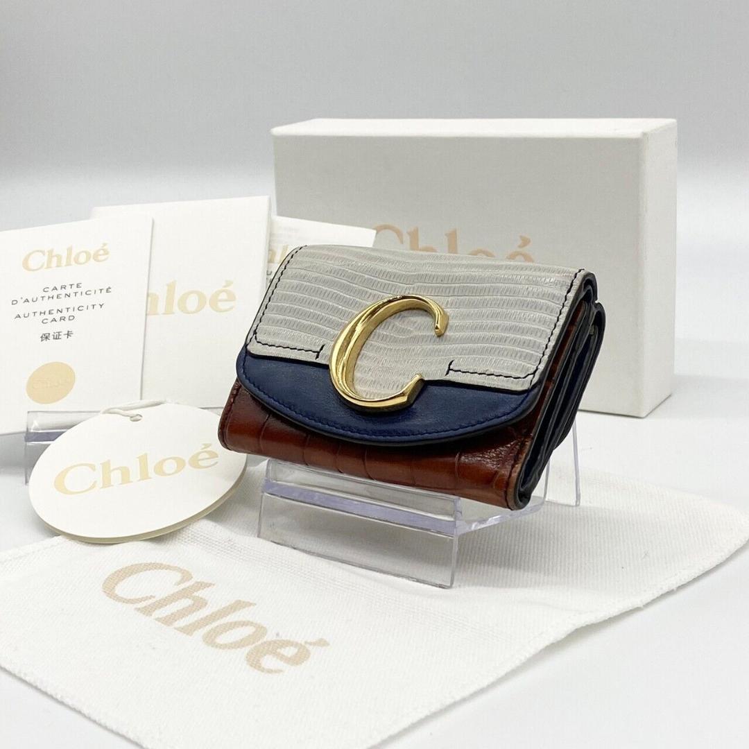 Chloe クロエ 三つ折り財布 C金具 クロコ マルチカラー ネイビー