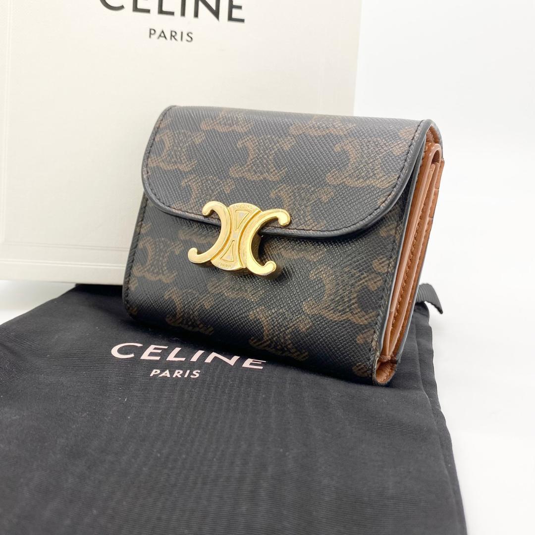 CELINE セリーヌ 折り財布 トリオンフ金具 マカダム ブラウン PVC