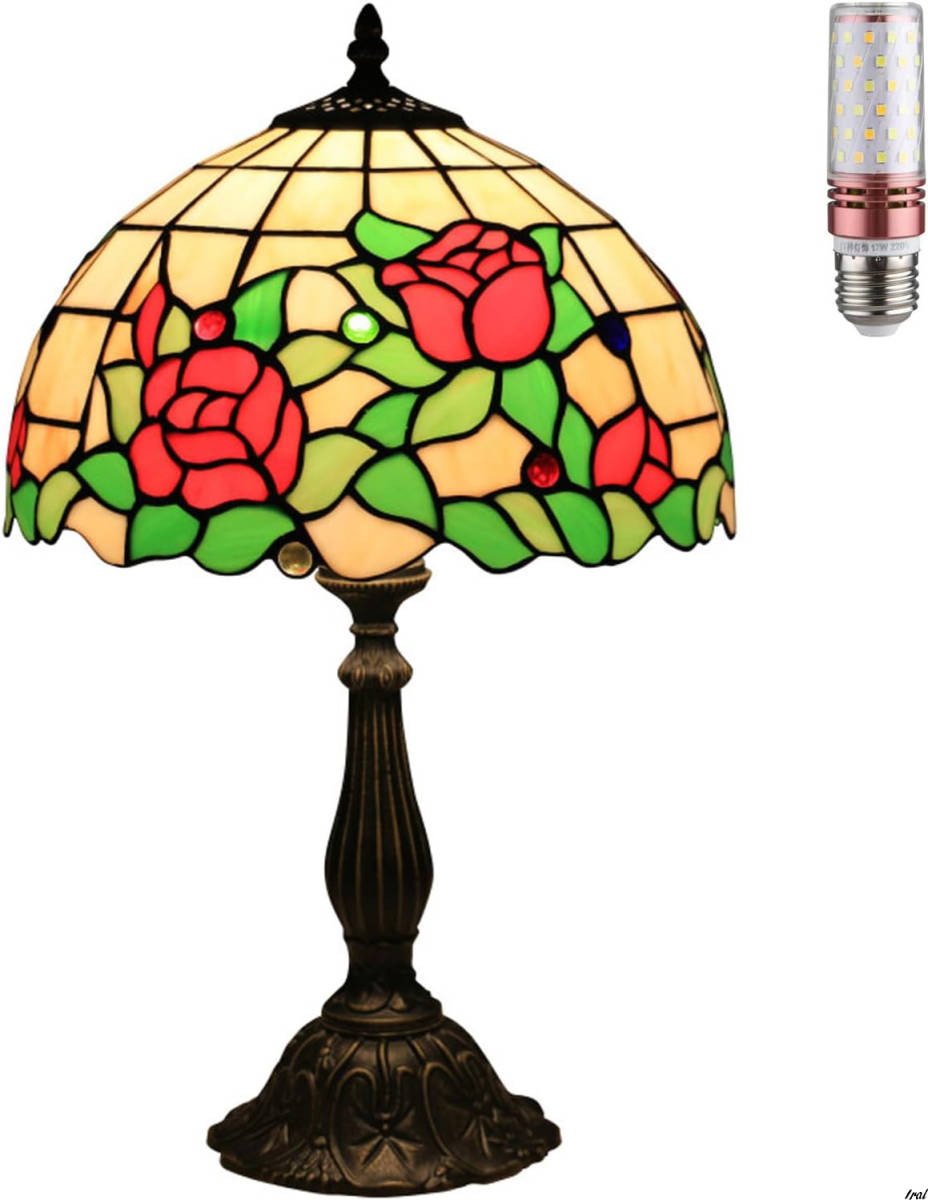 ライト　ステンドグラス ランプ　テーブルランプ 照明　ティファニー風 手作り 卓上照明 バラ　花　花柄　インテリア　薔薇_画像2