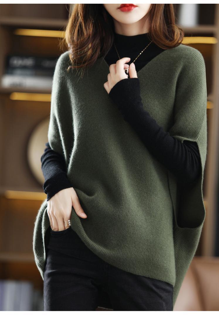 [ green color *L] knitted the best lady's pull over V neck autumn winter 
