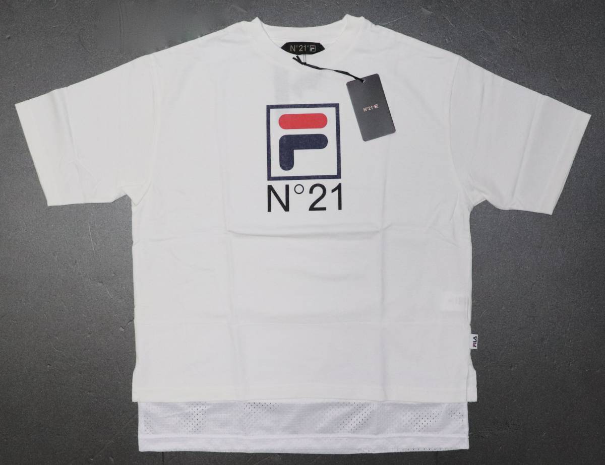 定価16000 新品 本物 N°21 × FILA ヌメロヴェントゥーノ フィラ クルーネック オーバーサイズ Tシャツ XS 12-C100 ユニセックス 白_画像1