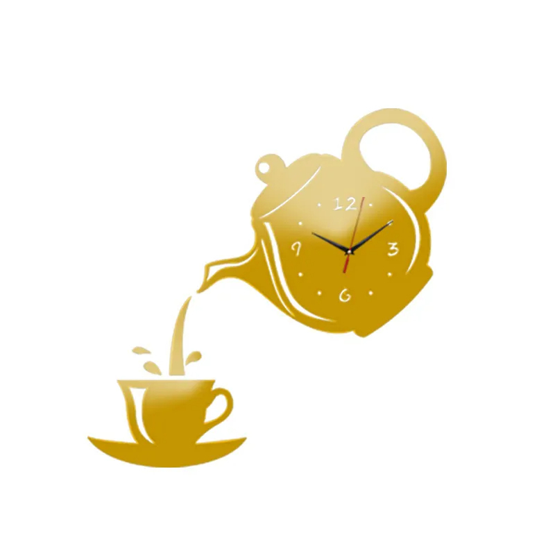 3D アクリル 壁 時計 コーヒーカップ ティーポット アート クロック ステッカー 装飾 リビングルーム ダインイング 40cm ゴールド_画像1