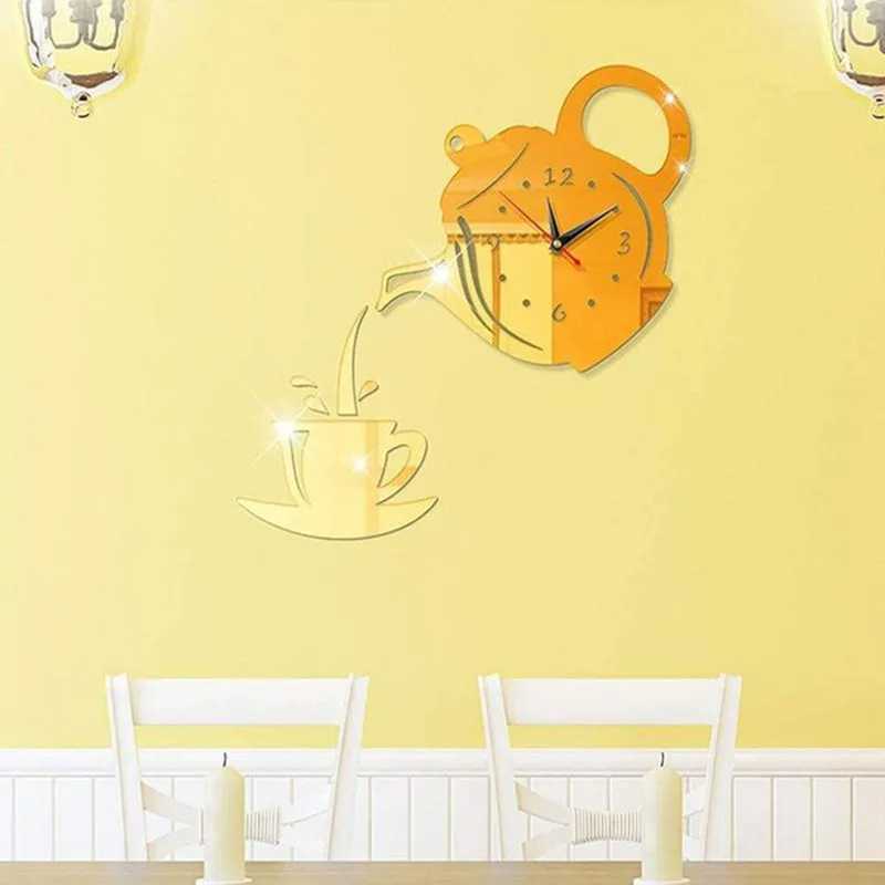 3D アクリル 壁 時計 コーヒーカップ ティーポット アート クロック ステッカー 装飾 リビングルーム ダインイング 40cm ゴールド_画像4