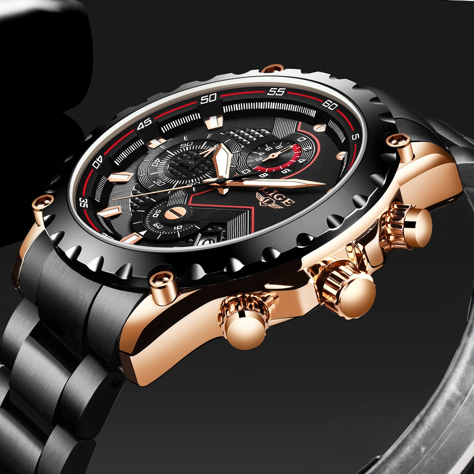 LIGE メンズ 腕時計 高品質 クオーツ カジュアル スポーツ ミリタリー ウォッチ 9821 クロノグラフ 防水 時計 ブラック × ローズゴールド_画像4