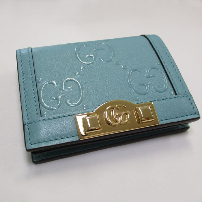 GUCCI 二つ折り コンパクト財布 GGエンボスレザー ブルー系 676150-