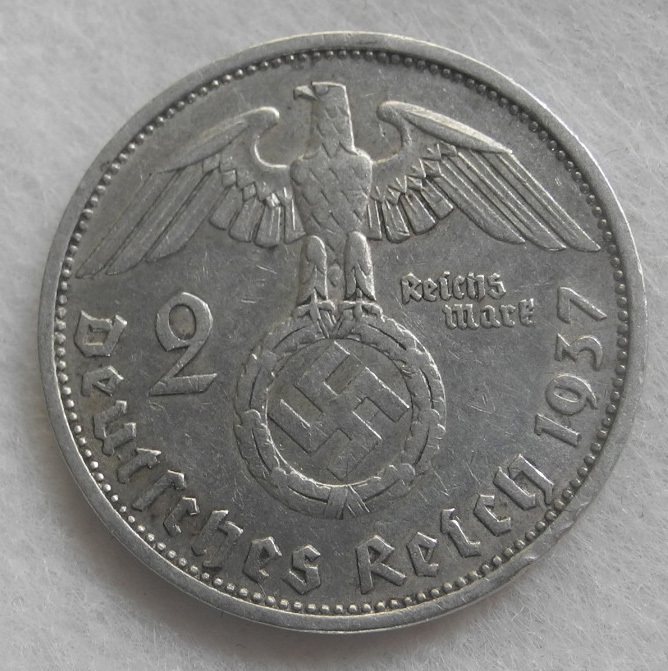ドイツ 第三帝国 2ライヒスマルク 銀貨 1937年 F 2マルク ヒンデンブルク 美品！ ナチスドイツ ヒトラー アンティーク_画像2