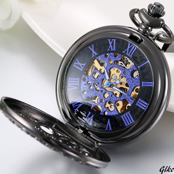 時計 アンティークスケルトン懐中時計ネックレス ブラックブルー