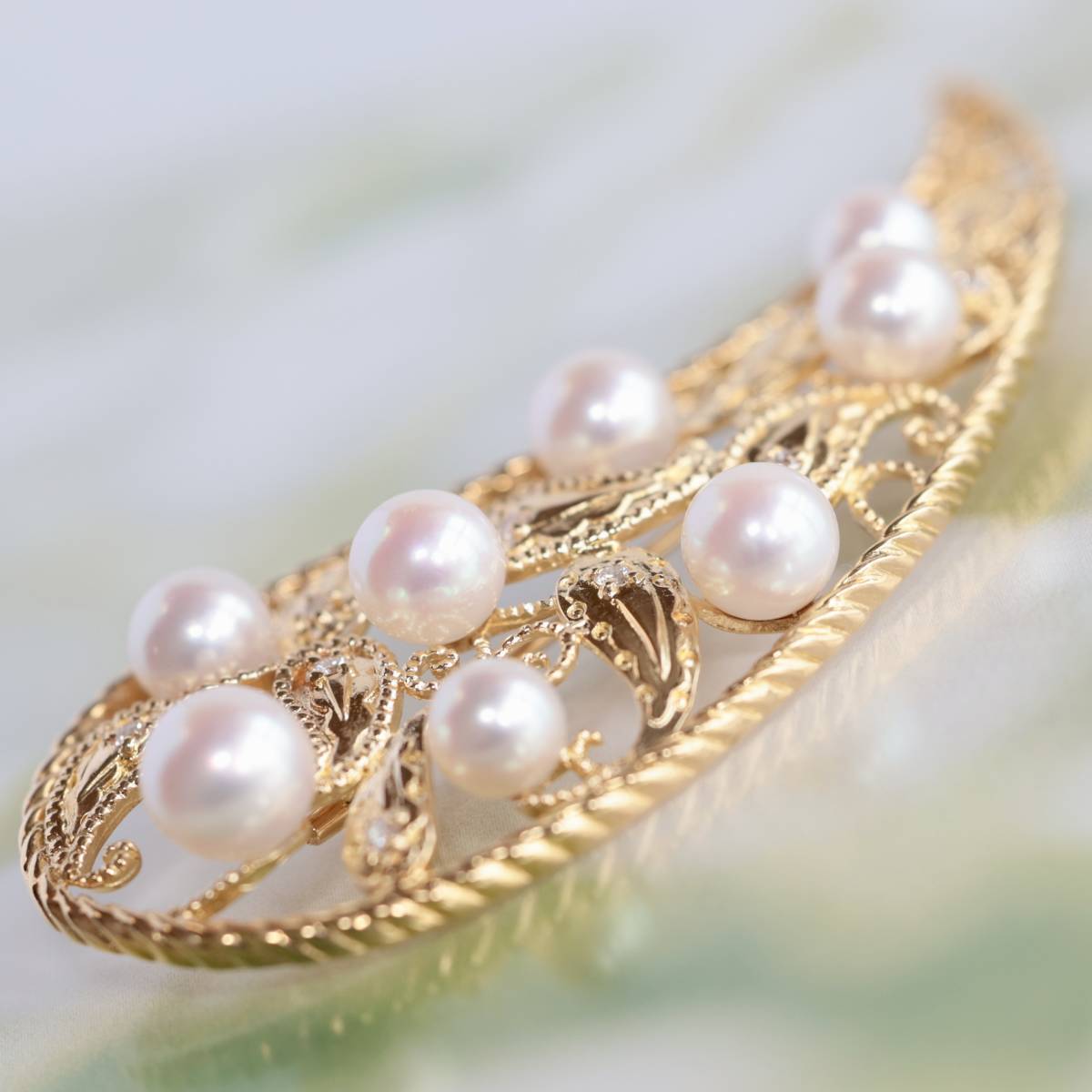 K18 ミキモト パール ダイヤモンド ブローチ 透かし彫り YG 18.1g MIKIMOTO 御木本