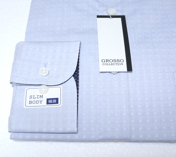 新品 送料無料 L 41-84 長袖 ドレスシャツ ショートカラー 細身 SLIM BODY ブルー系 水色 GROSSO 形態安定_画像2
