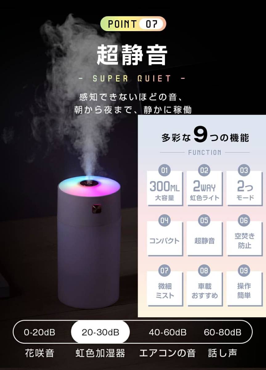 超音波加湿器 卓上アロマ加湿器 肌乾燥 花粉対策 空焚き防止 車載用 ミニ加湿器 usb 給電式静音 除菌 小型 LED 車載 ホワイト