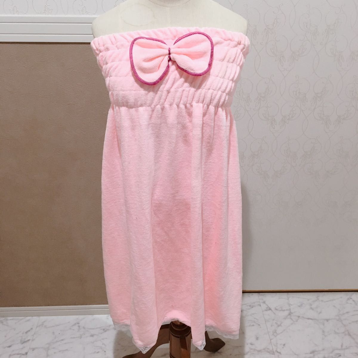 【即発送】ラップドレス ルームウェア バスローブタオルドレス リボン:ピンク