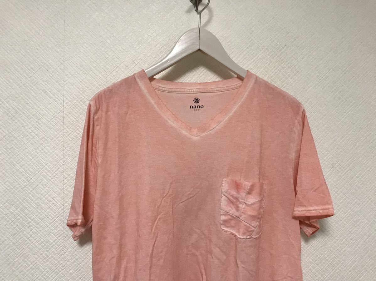 本物ナノユニバースnanouniverseコットン後染め柄ポケットストレッチVネック半袖TシャツメンズサーフアメカジミリタリービジネスピンクM