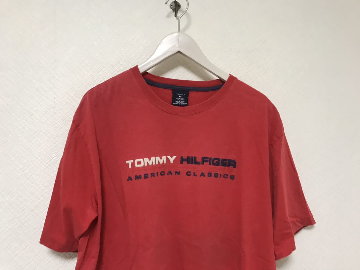 本物トミーヒルフィガーTOMMY HILFIGERコットンロゴ半袖TシャツメンズサーフアメカジミリタリーワークL赤レッドメキシコ製