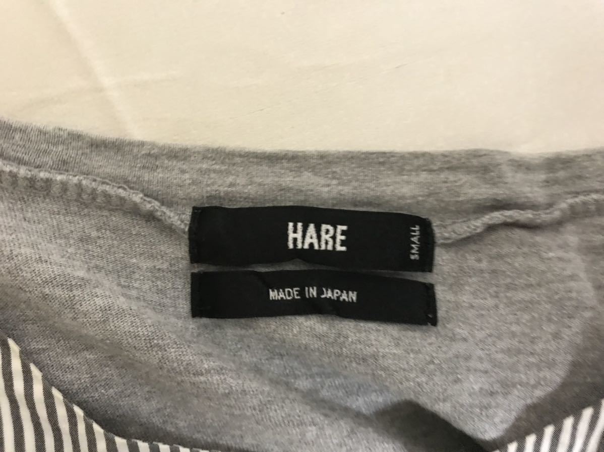 本物ハレHAREコットンシャツ切り替えストライプ柄半袖TシャツメンズサーフアメカジミリタリーワークビジネススーツSグレー日本製