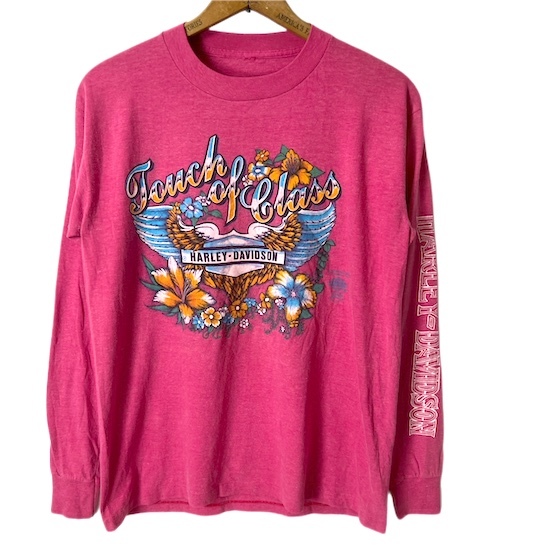 80s90s HARLEY-DAVIDSON ハーレーダビッドソン 3Dエンブレム 長袖 Tシャツ(メンズ XS程)ピンク ヴィンテージ 袖プリント_画像1