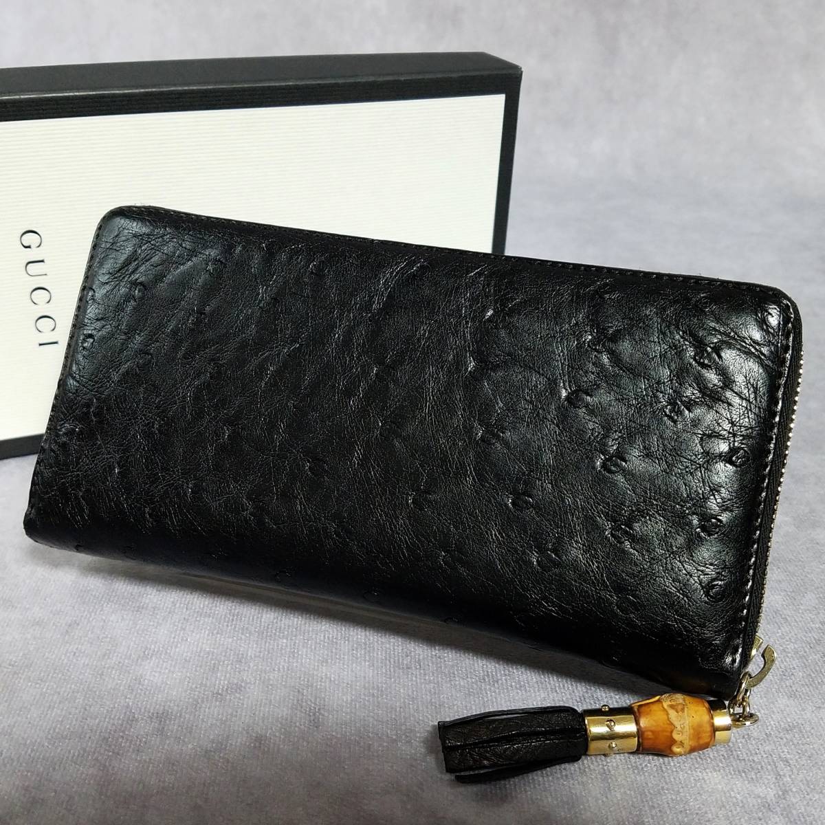 【良好】 GUCCI　グッチ　最高級　バンブー　タッセル　オーストリッチ　本革　レザー　ラウンドファスナー長財布　ウォレット　黒　224253_画像1