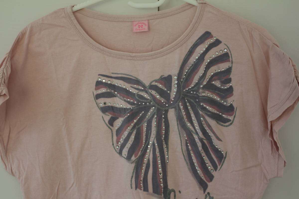 メゾピアノ 半袖Tシャツ Lサイズ 160cm ピンク リボン スパンコール 古着の画像2