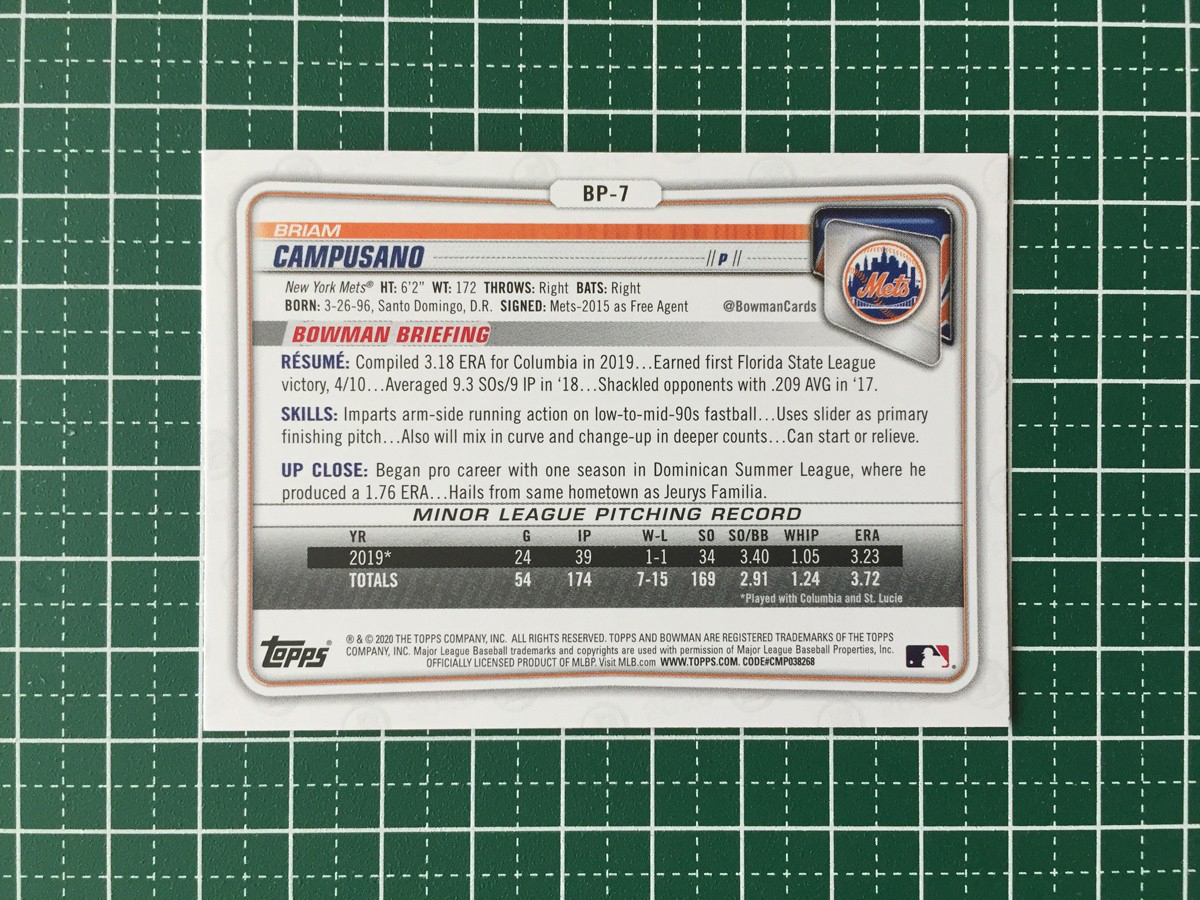 ★TOPPS MLB 2020 BOWMAN #BP-7 BRIAM CAMPUSANO［NEW YORK METS］ベースカード PROSPECTS プロスペクト 20★_画像2