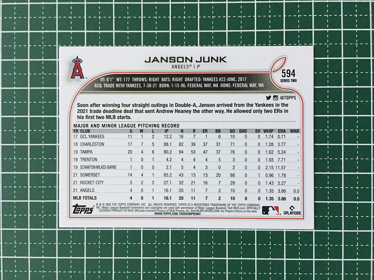 ★TOPPS MLB 2022 SERIES 2 #594 JANSON JUNK［LOS ANGELES ANGELS］ベースカード「BASE」ルーキー「RC」★_画像2