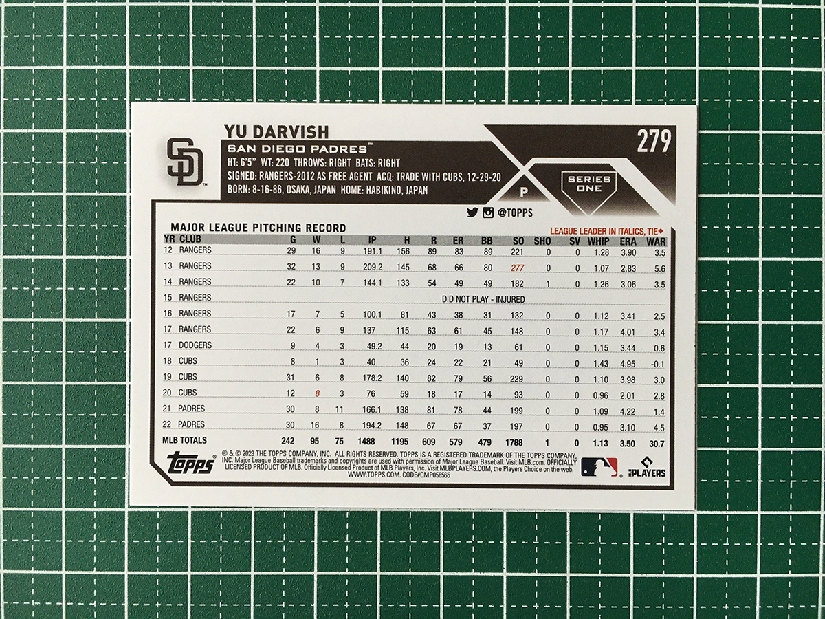 ★TOPPS MLB 2023 SERIES 1 #279 ダルビッシュ有／YU DARVISH［SAN DIEGO PADRES］ベースカード「BASE」★_画像2