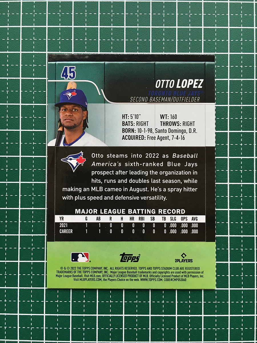 ★TOPPS MLB 2022 STADIUM CLUB #45 OTTO LOPEZ［TORONTO BLUE JAYS］ベースカード「BASE」ルーキー「RC」★_画像2