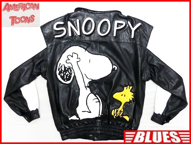 即決★AMERICAN TOONS SNOOPY別注★メンズXL位 ビンテージ古着 レザースタジャン スヌーピー コラボ 黒 本革 ファラオジャケット 本皮 90s