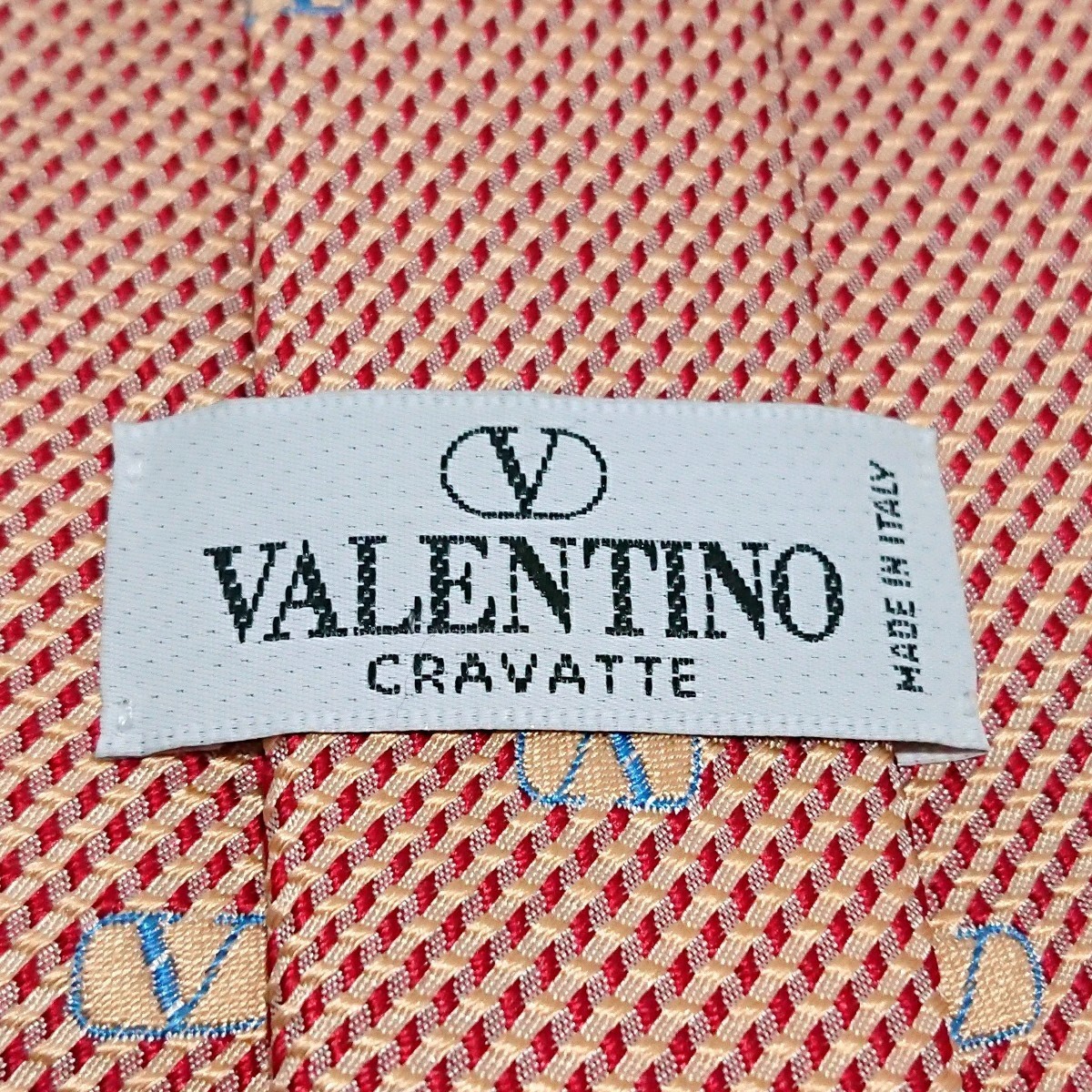 即決価格！！【VALENTINO★ヴァレンチノ】ブランドロゴ散りばめ刺繍ネクタイ絹シルク☆サーモンピンク赤レッド水色イタリア製_画像8