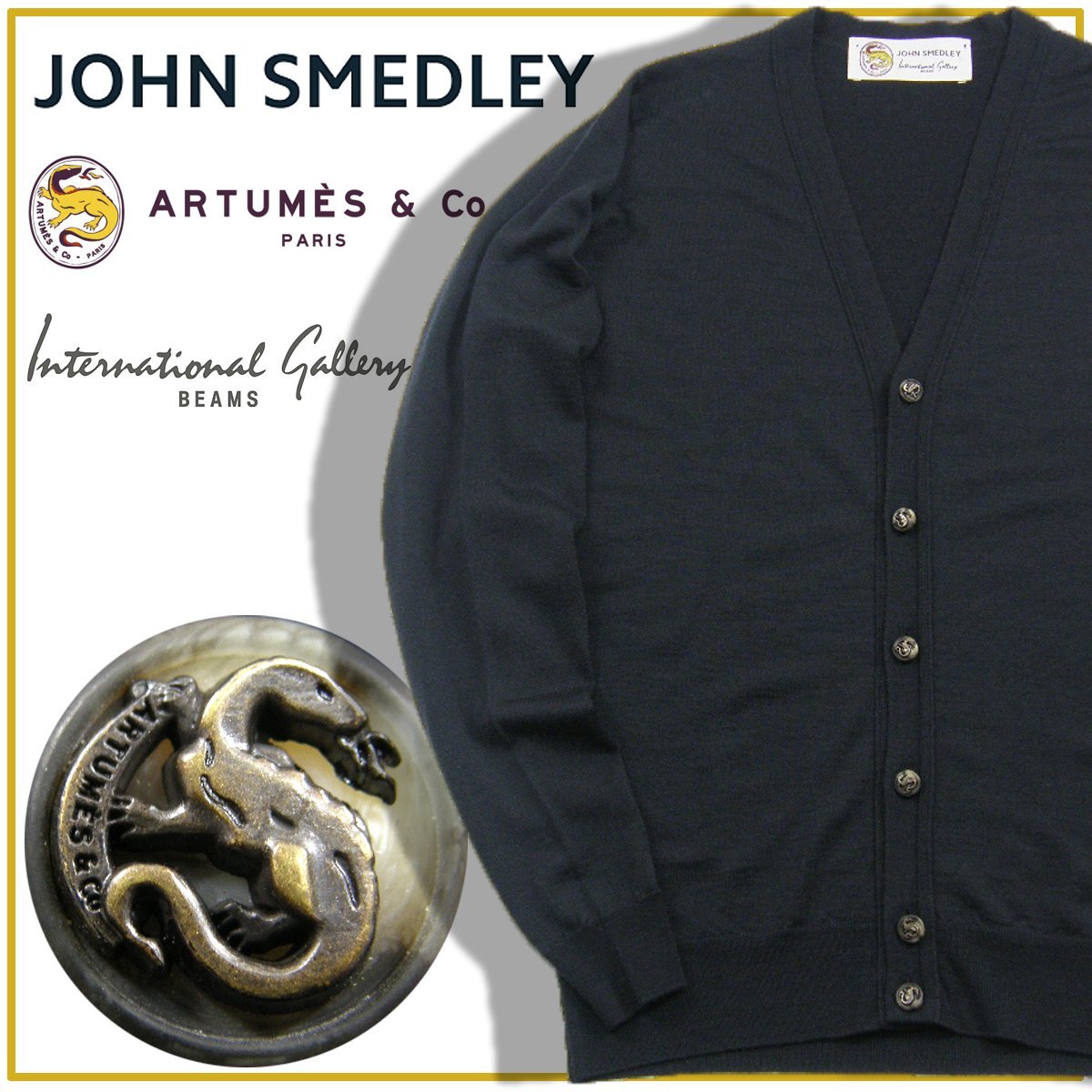 新品 別注 【JOHN SMEDLEY × ARTUMES & Co. × BEAMS】 BURLEY 30G メリノウール ニットカーディガン M ブラック 353024 ジョンスメドレー