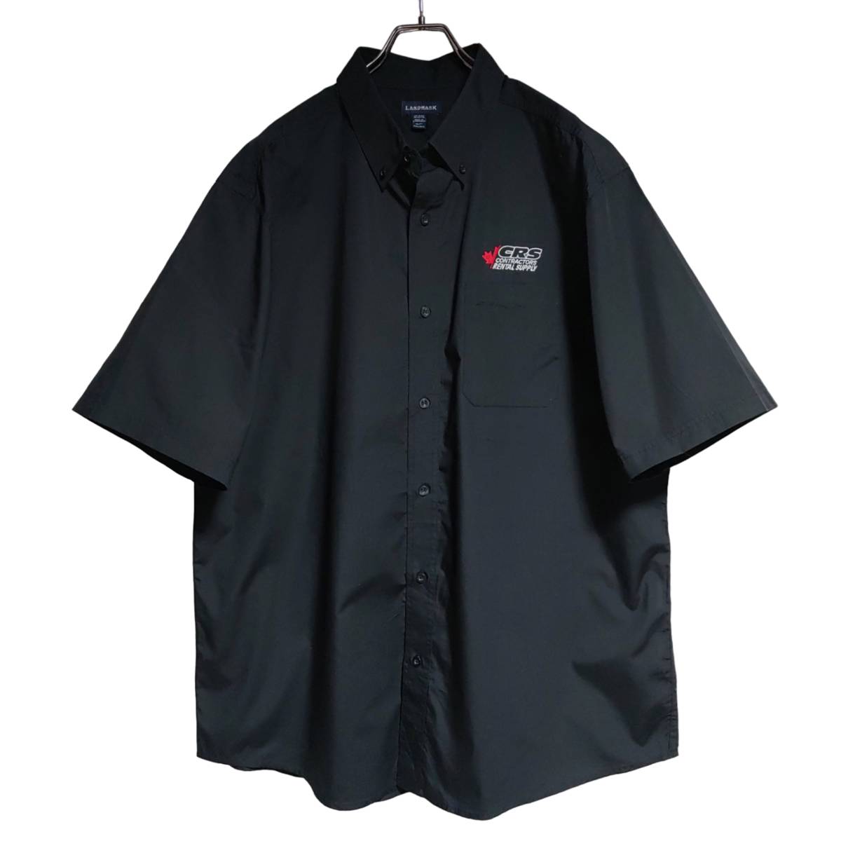 LANDMARK 半袖ワークシャツ 2XL オーバーサイズ ブラック ゆうパケットポスト可 胸 刺繍 CRS ロゴ メイプルリーフ 古着 洗濯 プレス済 758の画像1