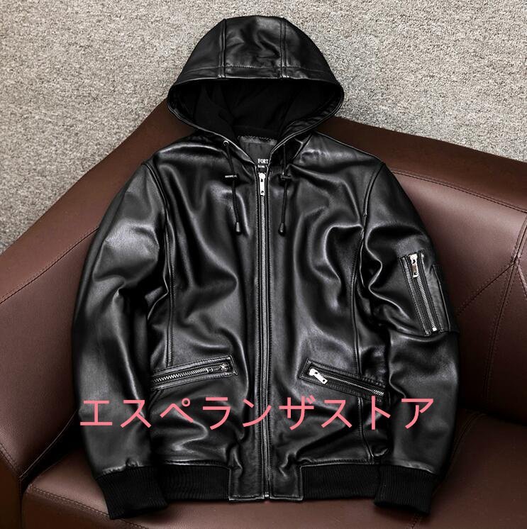 【エスペランザストア】レザージャケット 上品　フード付き本革 高級羊革　ライダースジャケット 革ジャン Ｓ～4XL　秋冬　黒_画像1