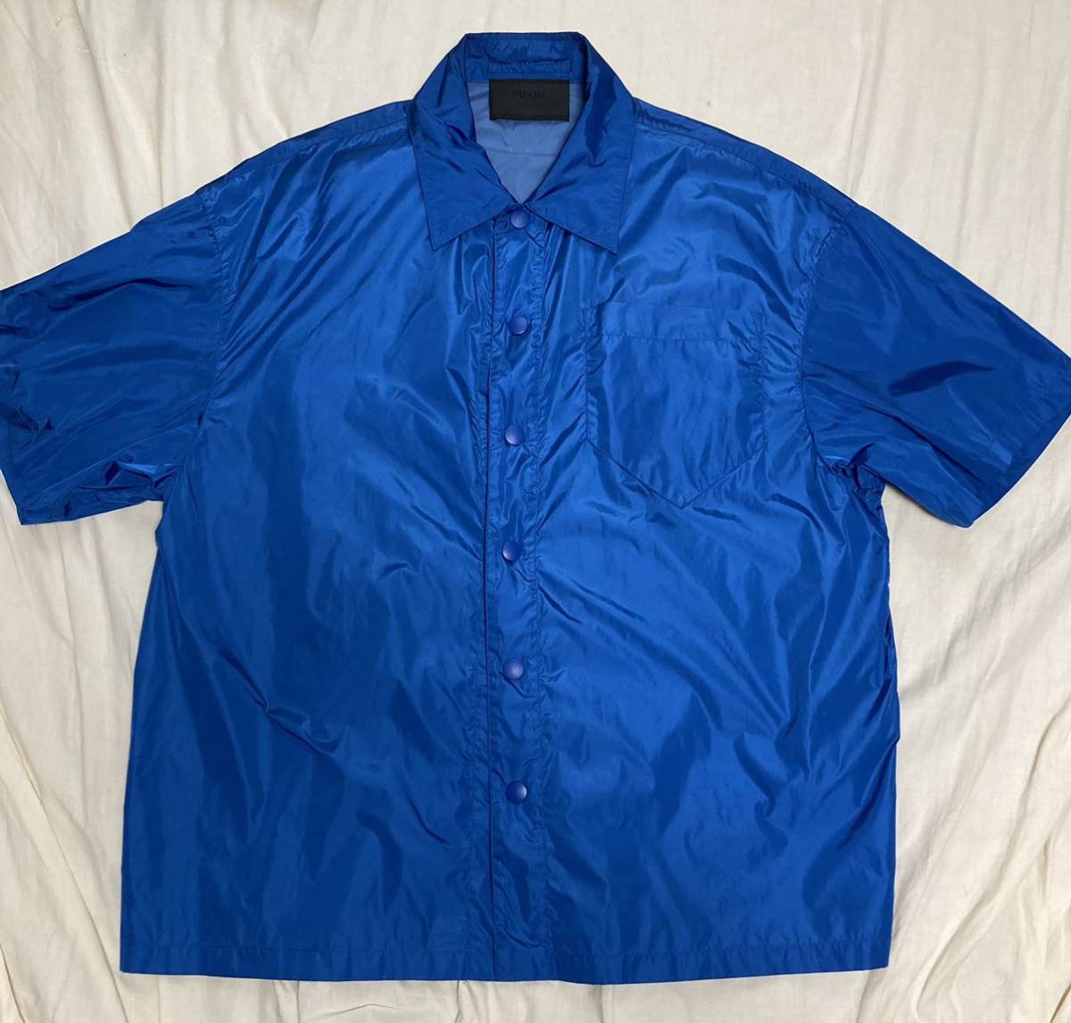 プラダ　ナイロン　オーバーサイズ　半袖　シャツ　ジャケット　M ブルー　コーチジャケット　三角タグ　トライアングル