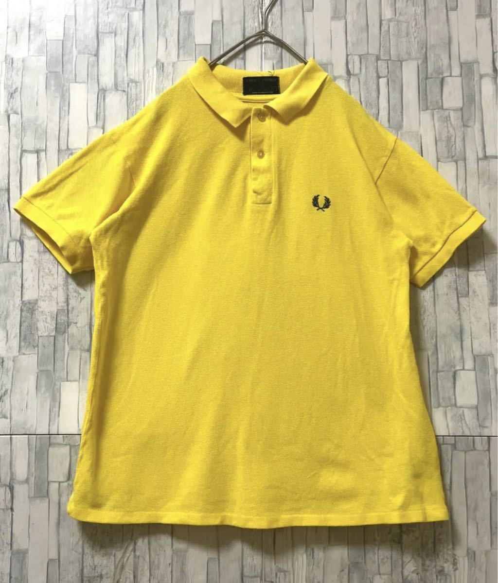 FRED PERRY フレッドペリー ワンポイントロゴ シンプルロゴ 刺繍 ポロシャツ M 半袖 イエロー イングランド製 英国製 鹿の子 80s 80年代