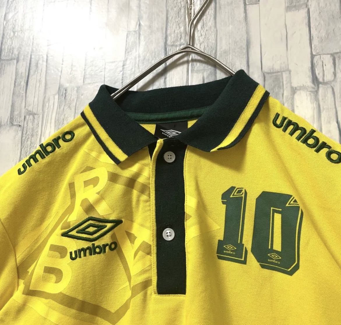 UMBRO アンブロ サッカー ブラジル代表 ポロシャツ サイズL イエロー 半袖 刺繍ロゴ シンプルロゴ デサント 鹿の子 送料無料_画像4