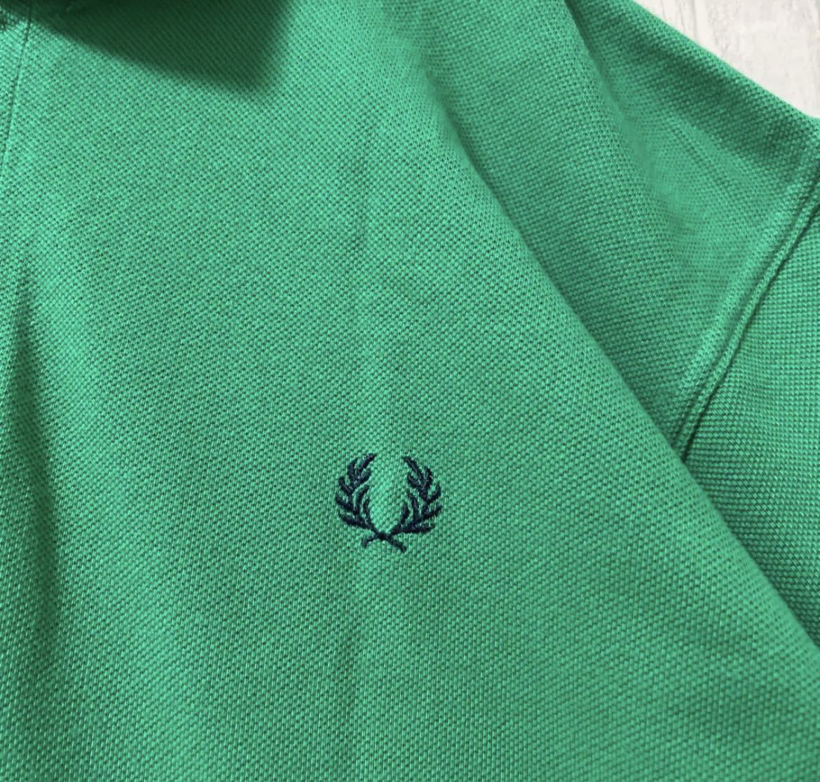 FRED PERRY フレッドペリー ワンポイントロゴ シンプルロゴ 刺繍 ポロシャツ L 半袖 グリーン イングランド製 英国製 鹿の子 送料無料