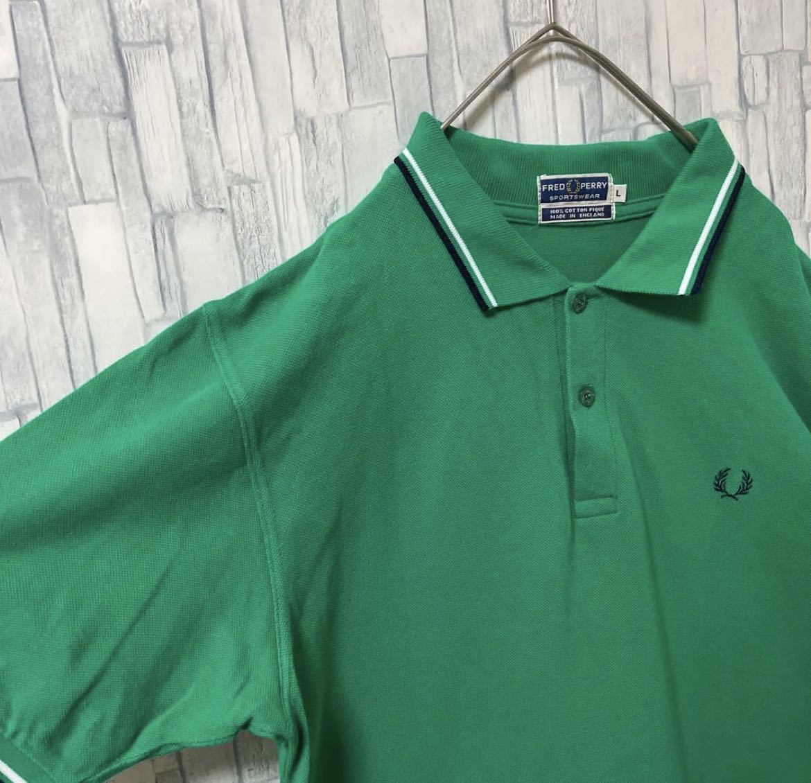 FRED PERRY Fred Perry one Point Logo simple Logo embroidery polo-shirt L short sleeves green England made Britain made deer. . free shipping 
