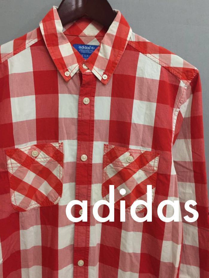 アディダス adidas ボダンダウンシャツ 長袖 チェック柄 ギンガムチェック レッド メンズ Lサイズ !●&_画像1