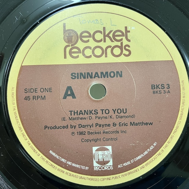 ★即決 Sinnamon / Thanks To You BKS3 d1917 米オリジナル、2曲入り7インチ ディスコ・ブギー、ガラージ・クラシック_画像1