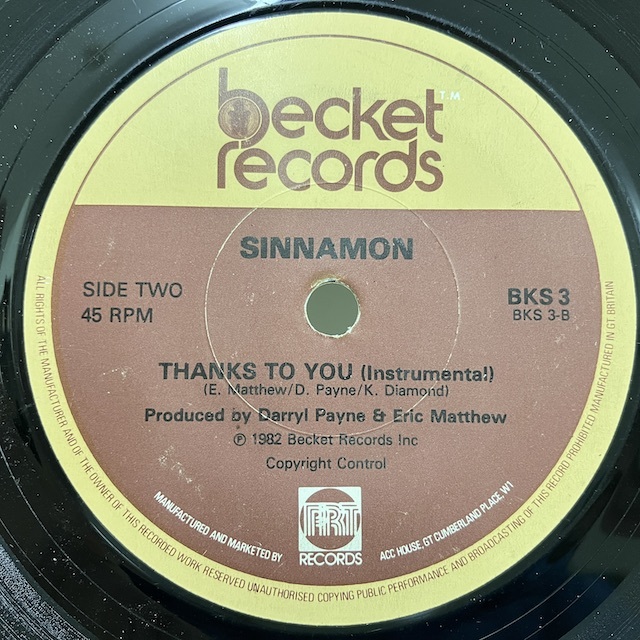 ★即決 Sinnamon / Thanks To You BKS3 d1917 米オリジナル、2曲入り7インチ ディスコ・ブギー、ガラージ・クラシック_画像2